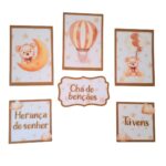 Kit 5 Quadros Decoração Chá de Bebê Ursinho e Balão - Chá de Bênçãos