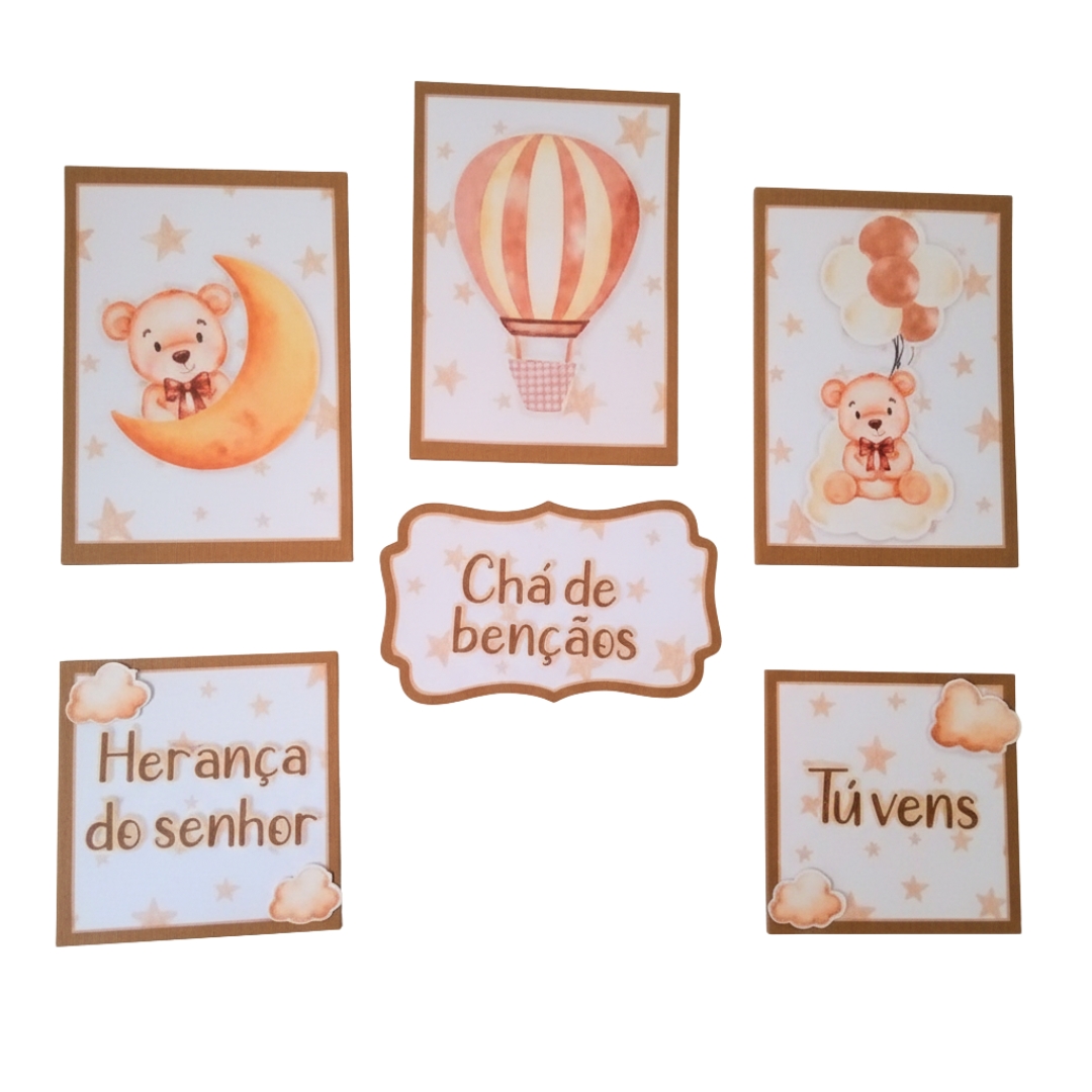 Kit 5 Quadros Decoração Chá de Bebê Ursinho e Balão - Chá de Bênçãos