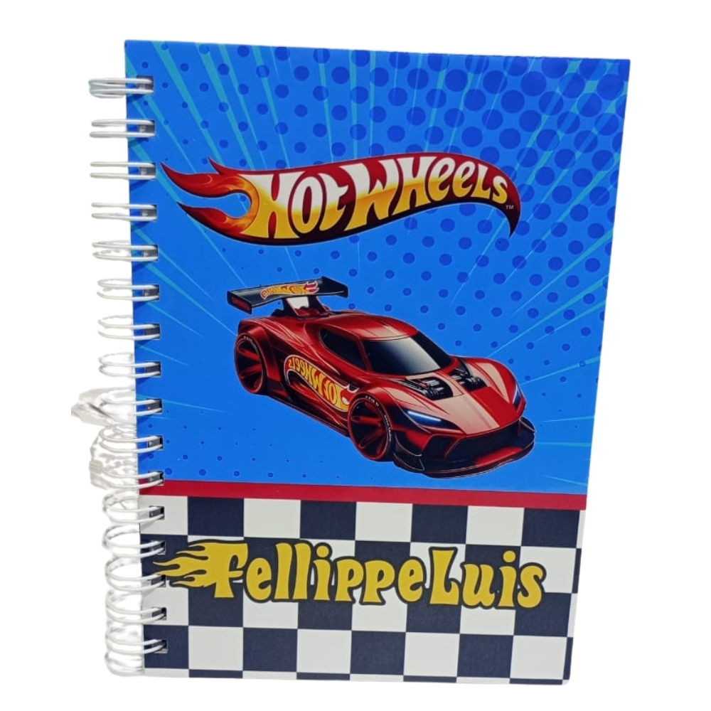 Caderno Personalizado Hot Wheels com Nome - Espiral Capa Dura - Volta às Aulas