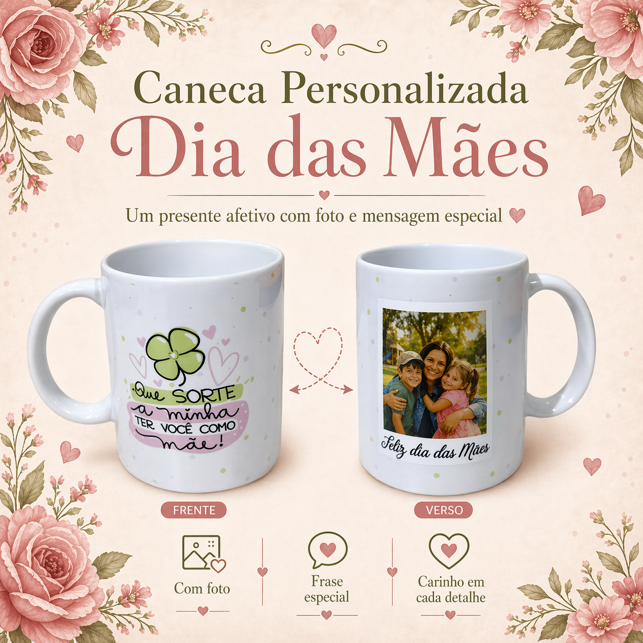 Caneca Personalizada Dia das Mães com Foto e Frase | Presente Afetivo para Mãe
