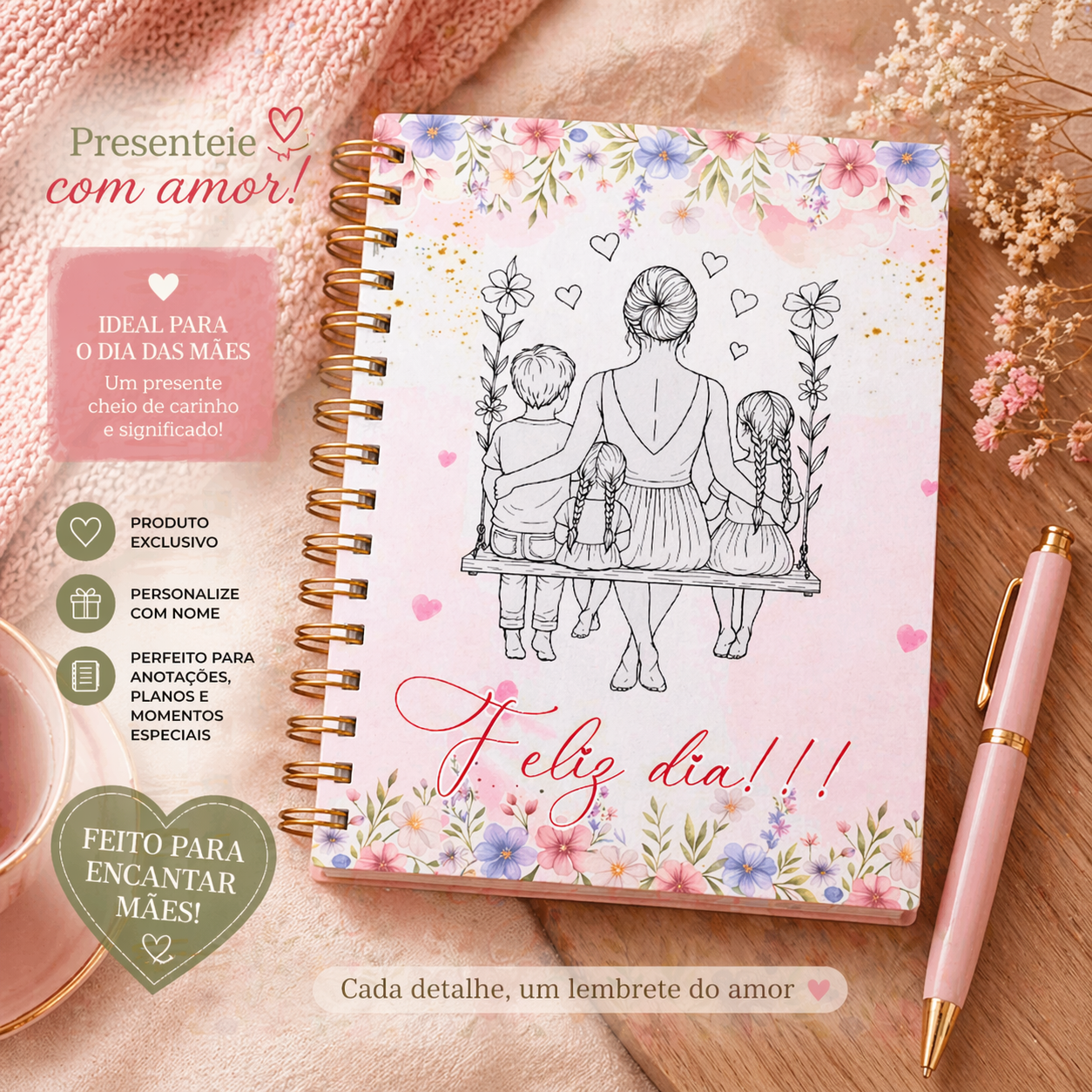 Agenda Personalizada Dia das Mães com Capa Floral | Presente Delicado e Exclusivo para Mãe