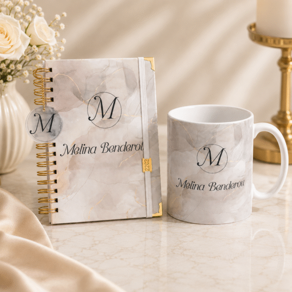 Kit Agenda Personalizada com Xícara/Caneca Personalizada Nome e Inicial Monograma Marmorizada Luxo Presente Feminino