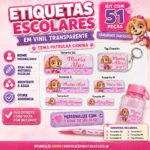 Etiquetas Escolares Personalizadas Patrulha Canina | Kit 51 Peças em Vinil Transparente com Nome