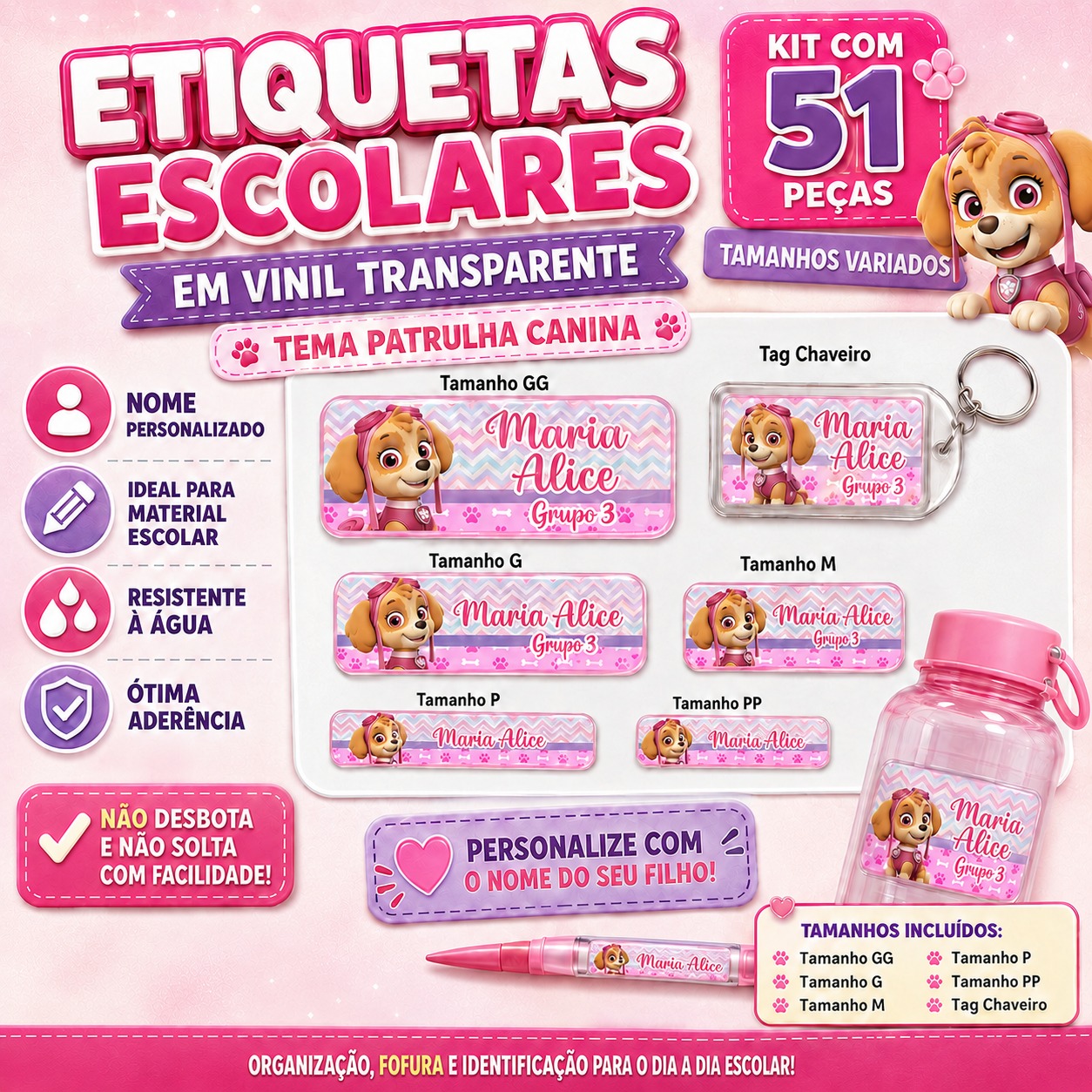 Etiquetas Escolares Personalizadas Patrulha Canina | Kit 51 Peças em Vinil Transparente com Nome