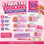 Etiquetas Escolares Personalizadas Patrulha Canina | Kit 51 Peças em Vinil Transparente com Nome