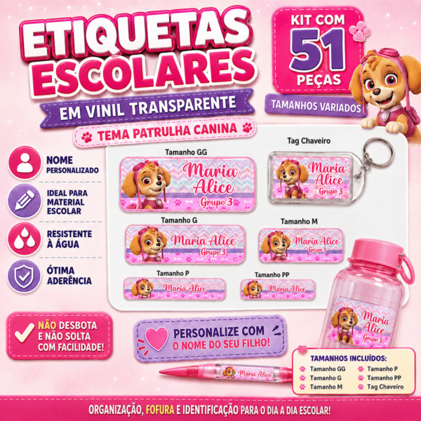 Etiquetas Escolares Personalizadas Patrulha Canina | Kit 51 Peças em Vinil Transparente com Nome