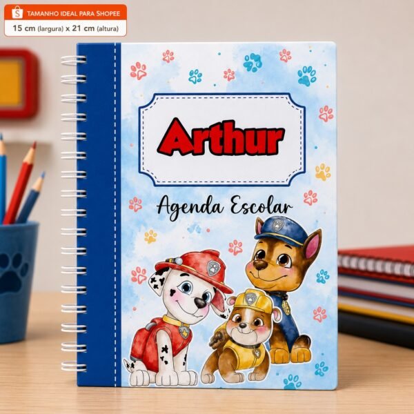 Agenda Escolar Infantil Personalizada com Nome Patrulha Canina | Capa Dura 15x21 cm | Agenda Menino 2027