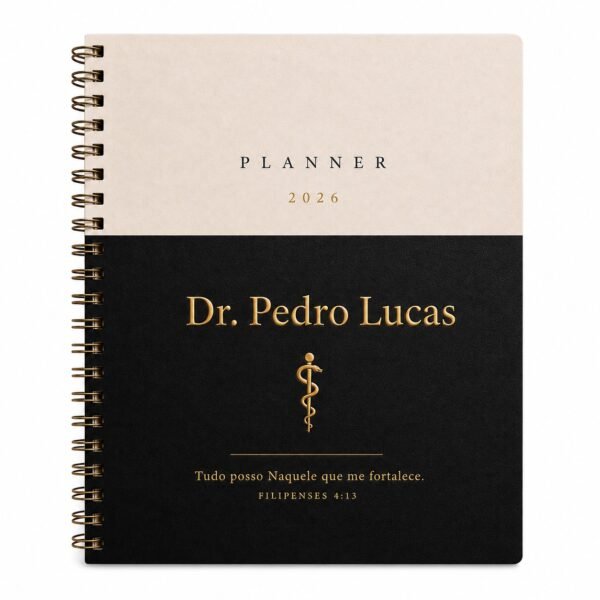 Planner Médico Personalizado 2026 com Nome | Capa Dura Preta e Bege | Profissões