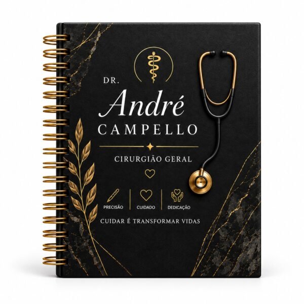 Agenda Médica Personalizada – Cirurgião Geral | Capa Preta e Dourada com Nome