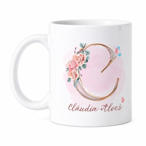 Caneca Personalizada com Inicial, Nome e Flores – Presente Feminino Delicado