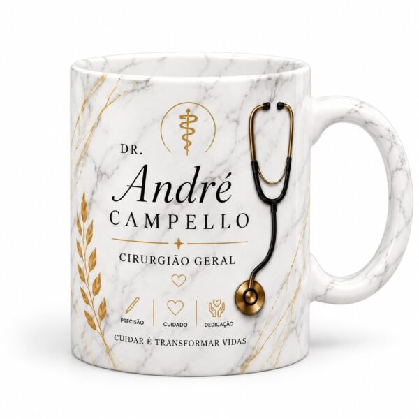Caneca Personalizada para Médico com Nome e Especialidade – Estampa Mármore e Dourado