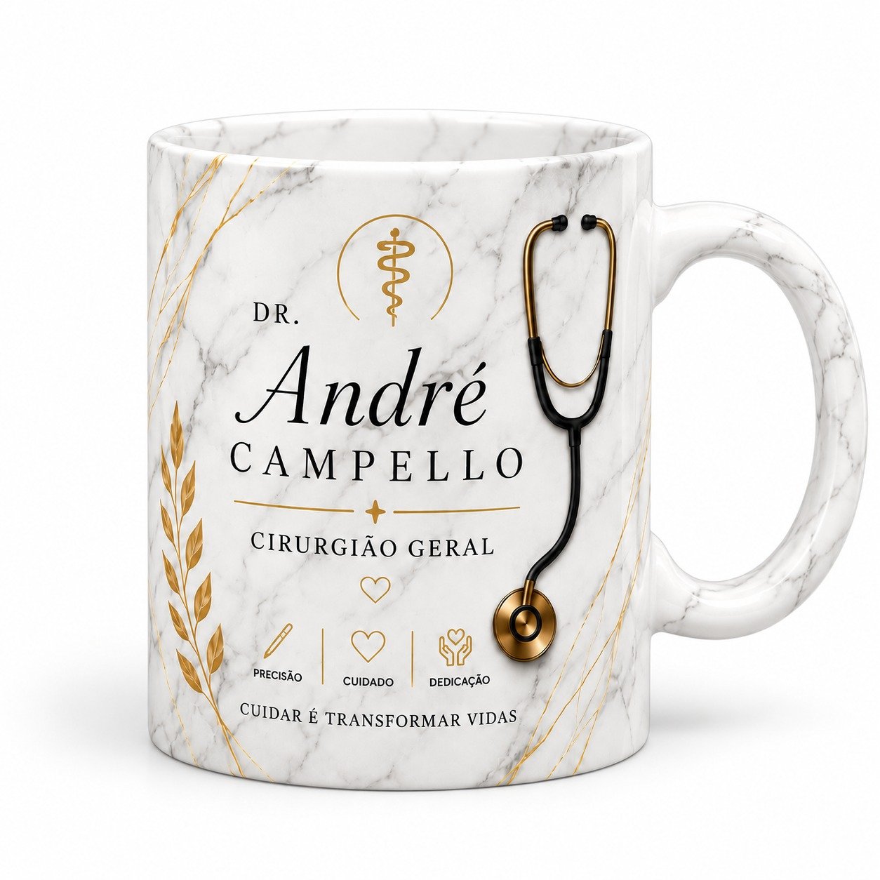 Caneca Personalizada para Médico com Nome e Especialidade – Estampa Mármore e Dourado